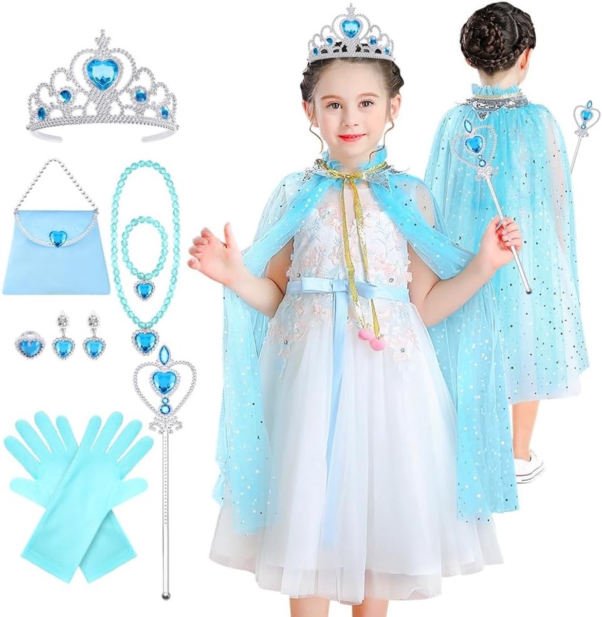11-delige Prinsessen Cape Set voor Kinderen met Kroon, Toverstaf, Sieraden en Handschoenen - Kleurrijke Sequins en Tulle voor Carnaval en Cosplay