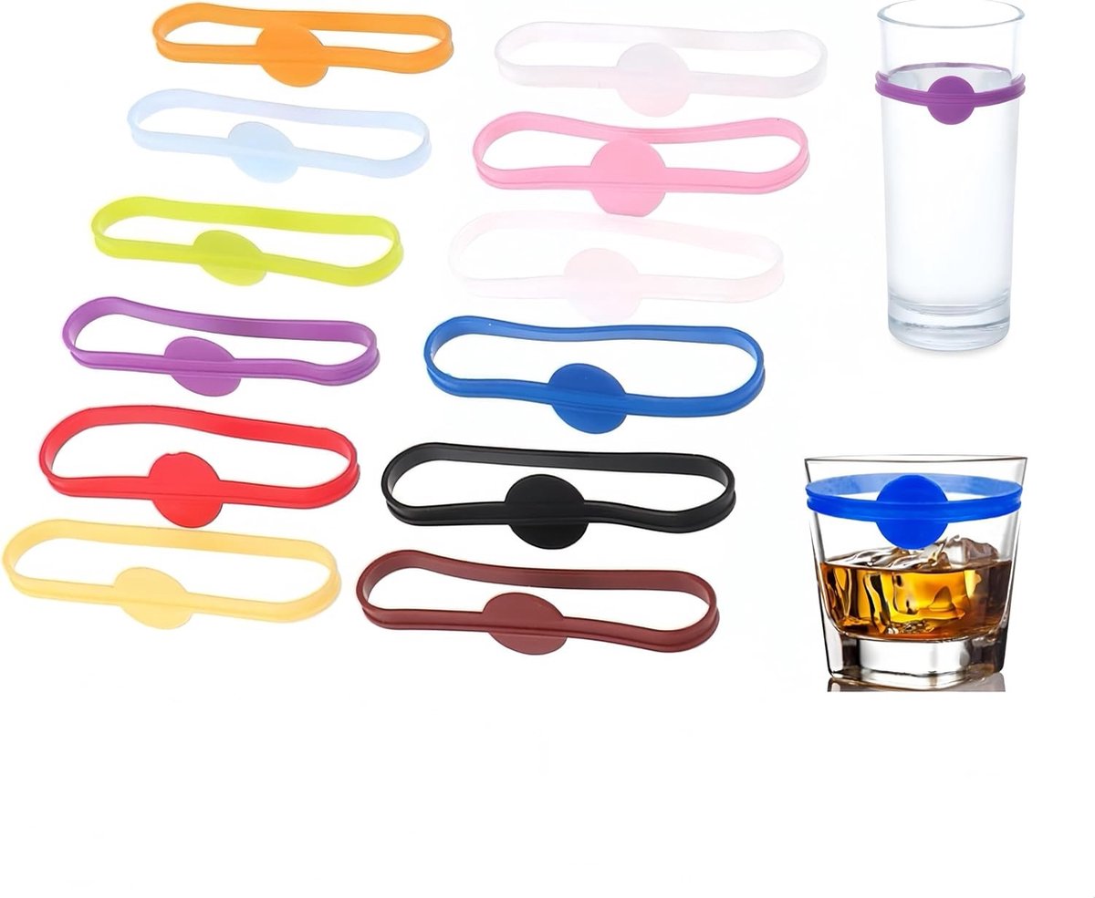 Set van 12 Herbruikbare Siliconen Wijnglasmarkers, Schrijfbare Marker voor Feestjes, Ideaal voor Wijnglazen, Cocktailglazen en Flessen, Vaatwasserbestendig en Antislip