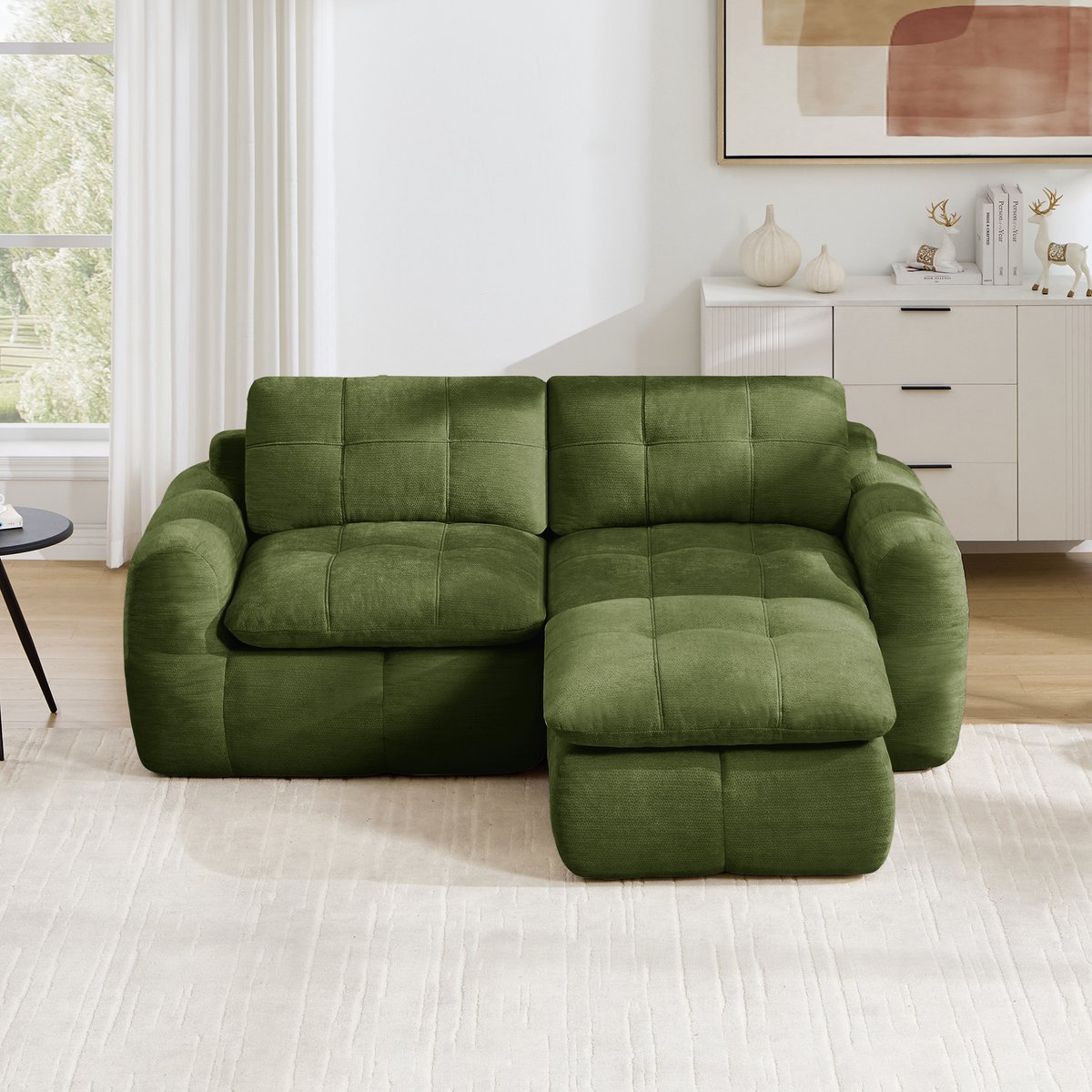 Intebiki 2-zits Hoekbank - Chenille stof - Modulaire L-vormige bank - Geen montage nodig - inclusief 2 poef - groen
