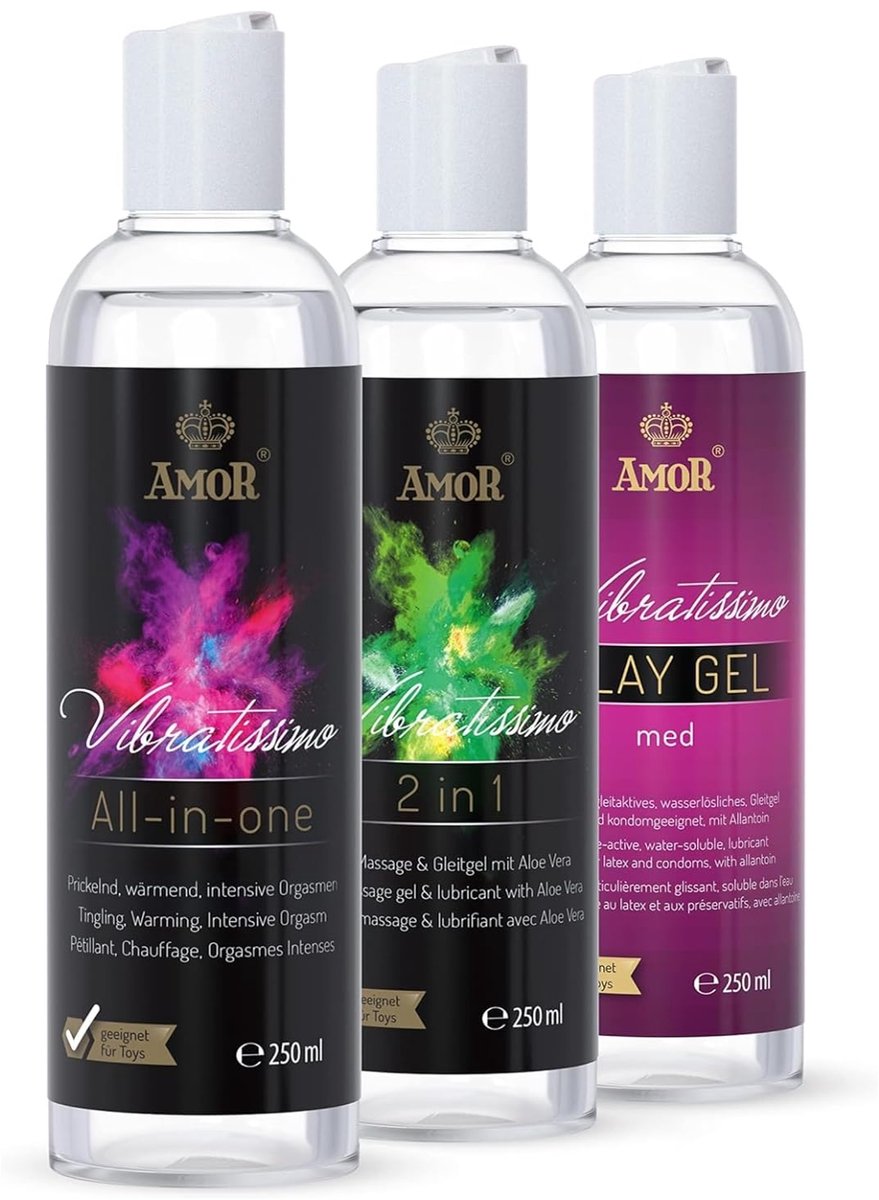 Vibratissimo Play Gel Set 3x250 ml I 3er Set Glijmiddel med, all-in-one, 2-in-1 I Waterbasis Glijgels I Glijmiddel Gel geschikt voor Siliconen Speeltjes & Latexcondooms I water gebaseerde smering