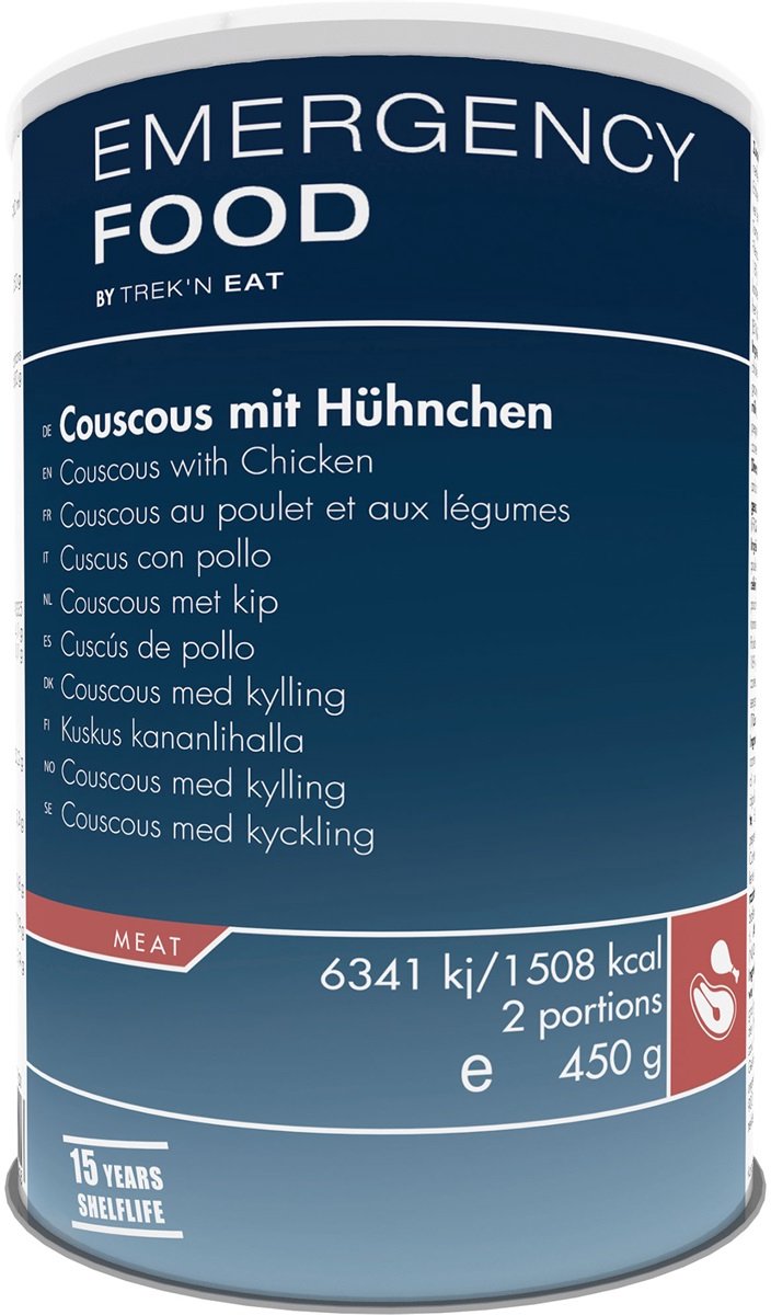 Trek'n Eat Emergency Food - Couscous met kip in blik - 2 porties - >10 jaar houdbaar - Noodpakket - Noodrantsoen - Vriesdroogmaaltijd - Rantsoen - Outdoormaaltijd - Survival food - Overlevingspakket