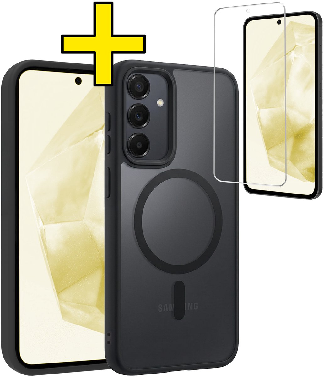 Hoesje - Met Screenprotector - Geschikt voor Samsung Galaxy A35 - Magsafe Compatible - Sterk & Shockproof - Back Cover - Shock Proof Case - Telefoon Hoes - Telefoonhoesjes - Zwart