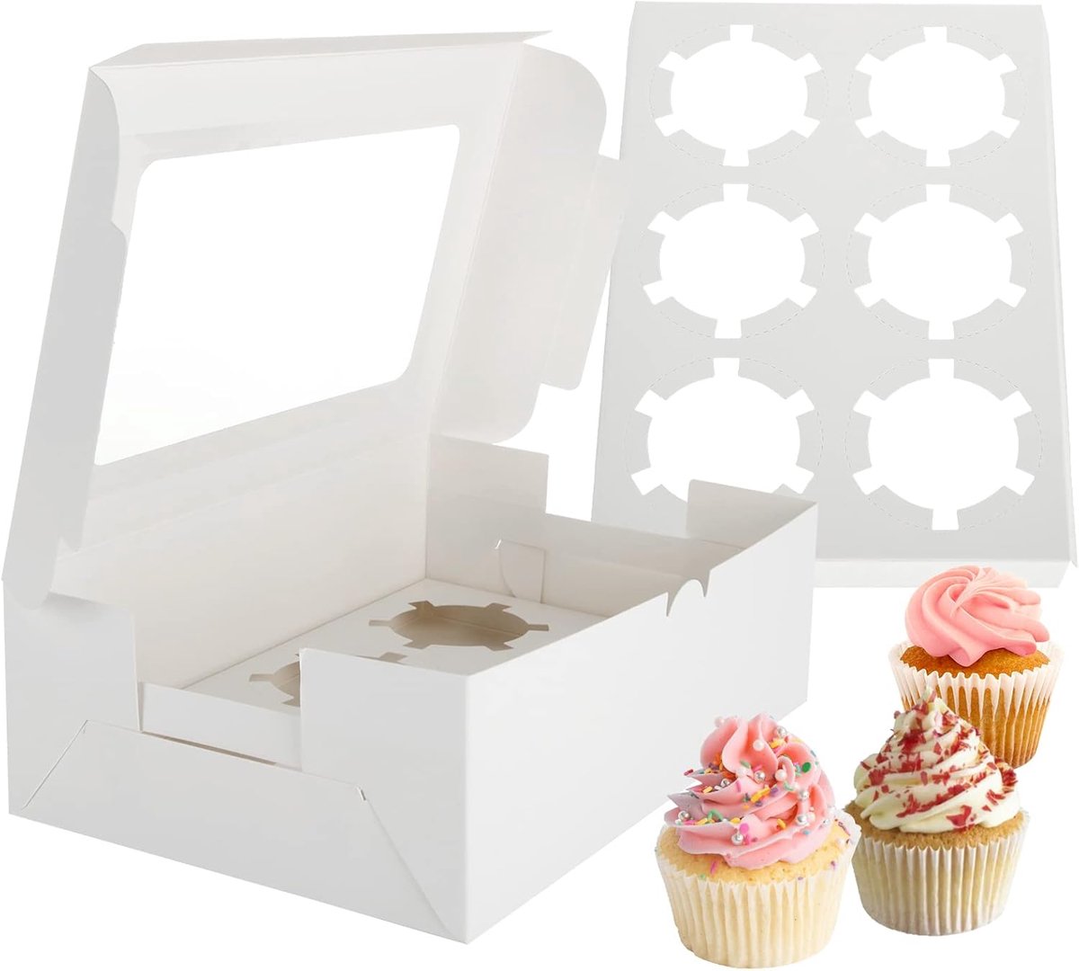 SnelShoppen - Cupcake Doos met 6 Gaten, Muffin Doos met Duidelijk Venster, Kartonnen Taartdozen voor Cupcakes, Cake Decoratie, Wit, 30 Stuks