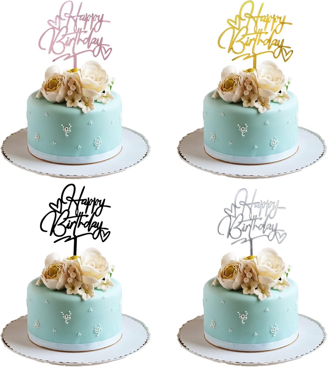 SnelShoppen - 4 Stuks Happy Birthday Taarttopper Decoratie - Acryl Taartdecoratie - Goud, Rood, Zilver, Zwart - Voor Feest, Verjaardag, Taartdecoratie
