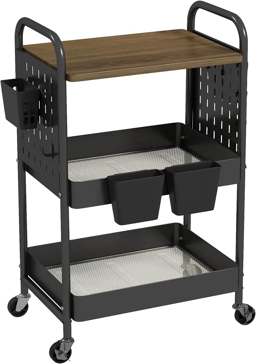 3-laagse metalen trolley met houten plank, serveertrolley, ambachtelijke trolley en keukentrolley met wielen voor keuken, woonkamer en badkamer, inclusief haken en hangbekers