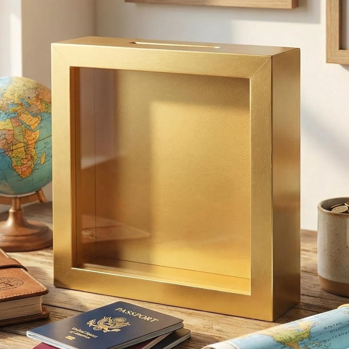 SnelShoppen - Houten Spaarpot met Glazen Voorkant - Decoratieve Spaarpot voor Geldcadeaus voor Bruiloft, Verjaardag, Reis en Meer - Creatieve Spaarpot