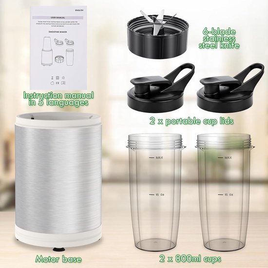 Draagbare Blender - Smoothie Maker - Snelle Smoothies Maken - 1200W Krachtige Motor - 2x 800ml Cups - Zilver — afbeelding 2