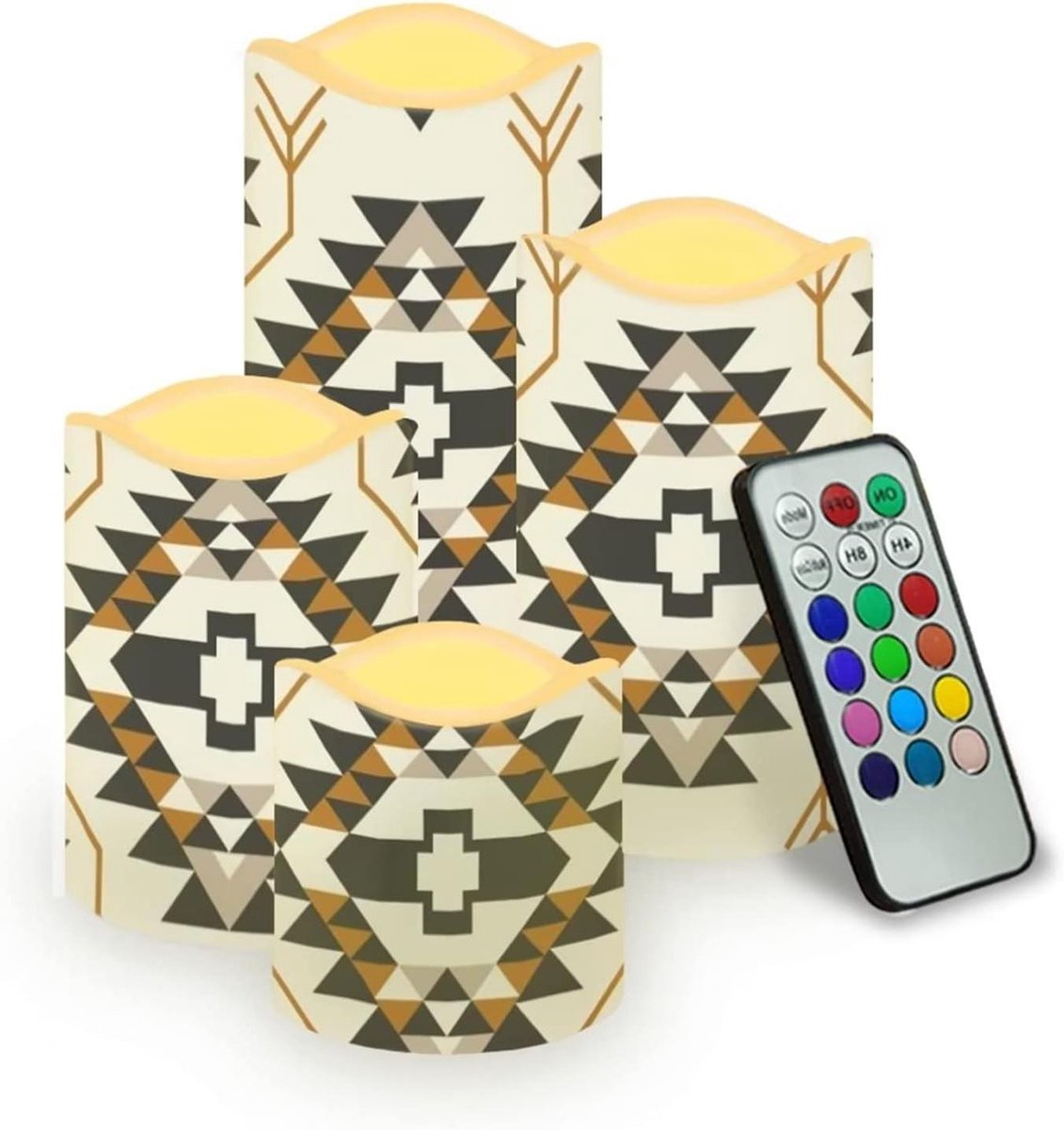 LED Kaarsen Set - Vlamloze Kaarsen Plastic Kaarsen - Decoratieve Verlichting - Aztec Patroon Ontwerp - 4 Stuks - Veelkleurig