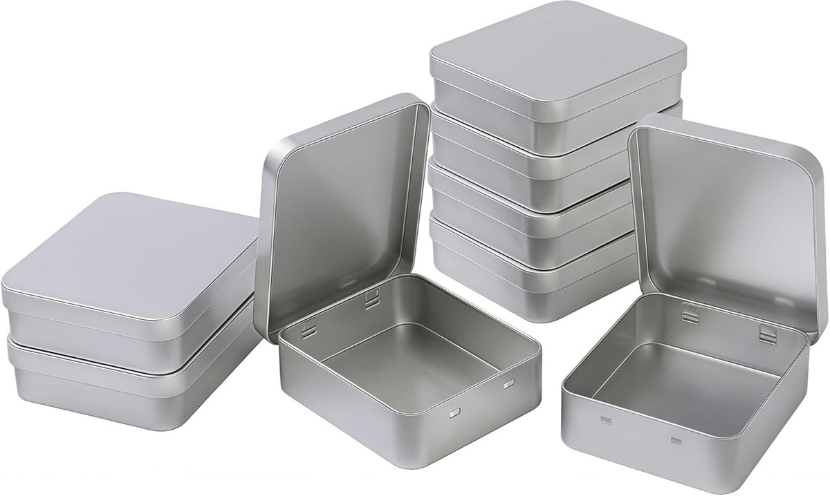 SnelShoppen - Lege Rechthoekige Metalen Opbergdozen met Flipdeksel voor Snoep, Cadeaus en Schatten, Set van 8, 93 x 83 x 25 mm (Zilver)