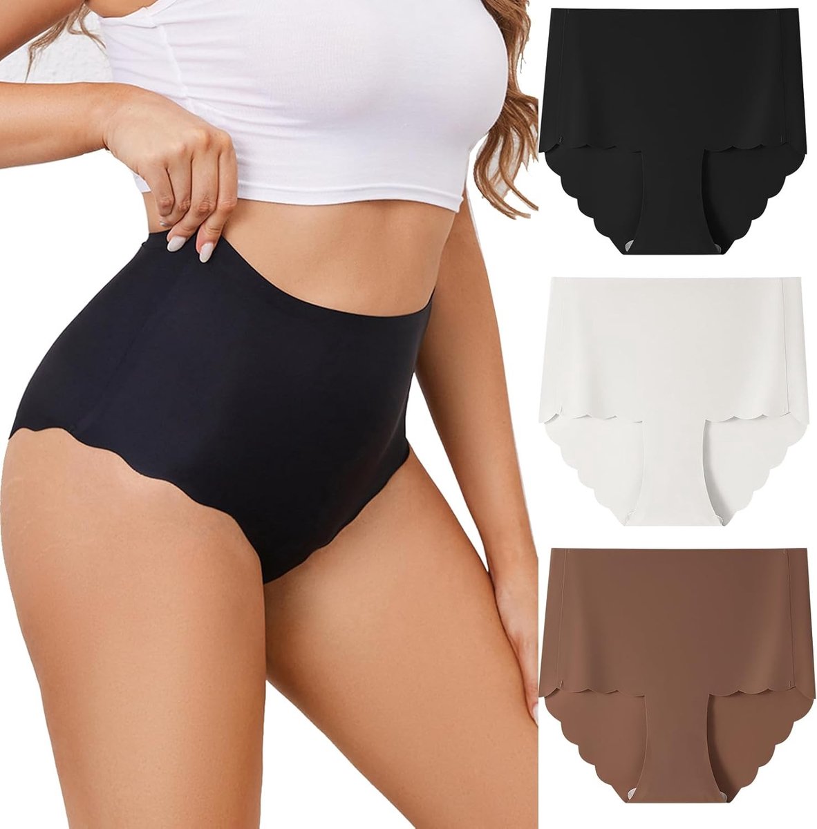 Dames naadloze ondergoedset met hoge taille, tagloze golfrand en volledige dekking - 3-pack comfortabele slipjes