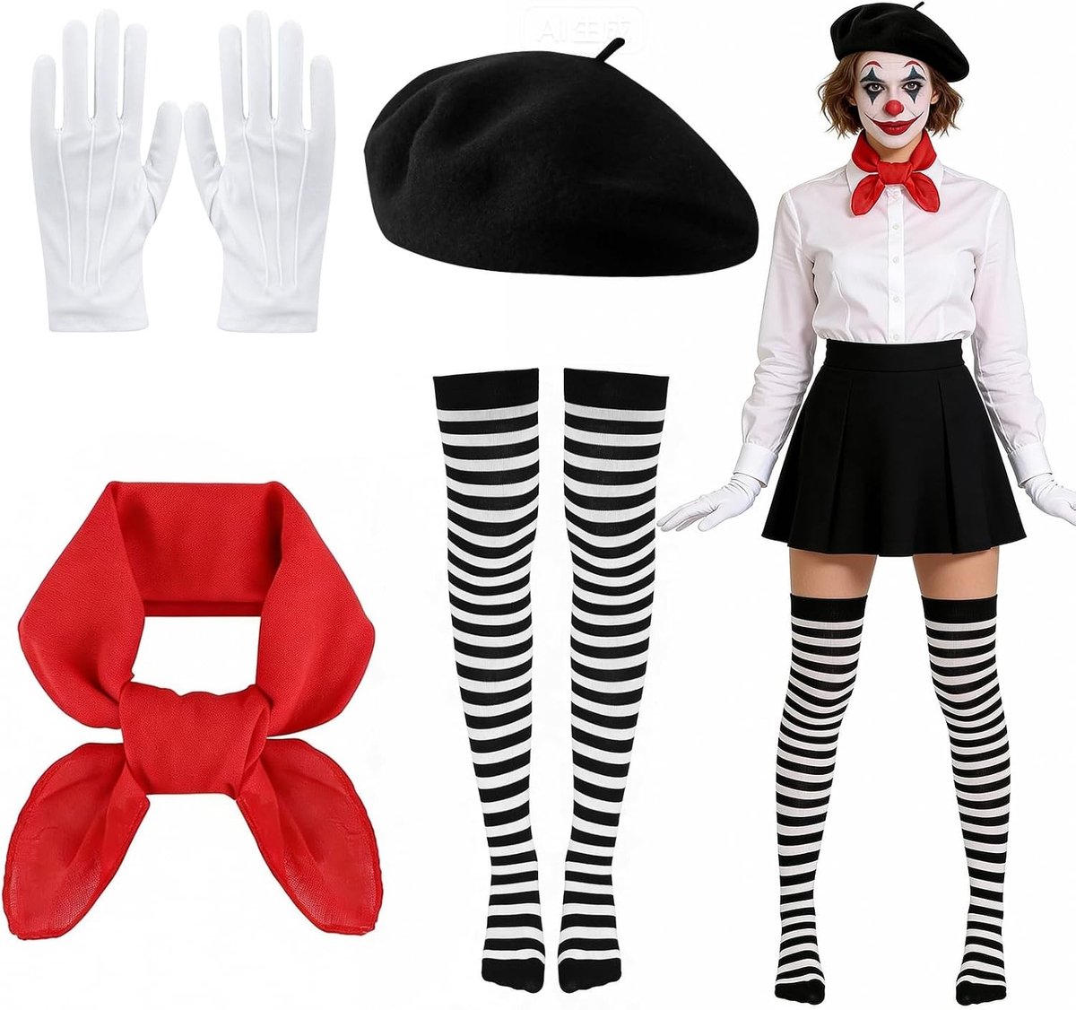 Vrouwelijk Pantomime Kostuum met Accessoires voor Carnaval, Halloween en Cosplay Feesten