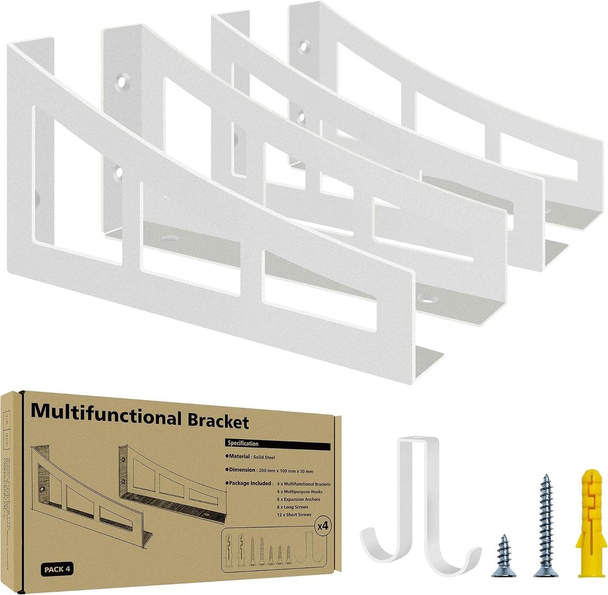 Stevige Plankdrager met 4 Haken, 20 cm, Wit, Modern Ontwerp voor Wandmontage, Geschikt voor Zware Lasten tot 90 kg