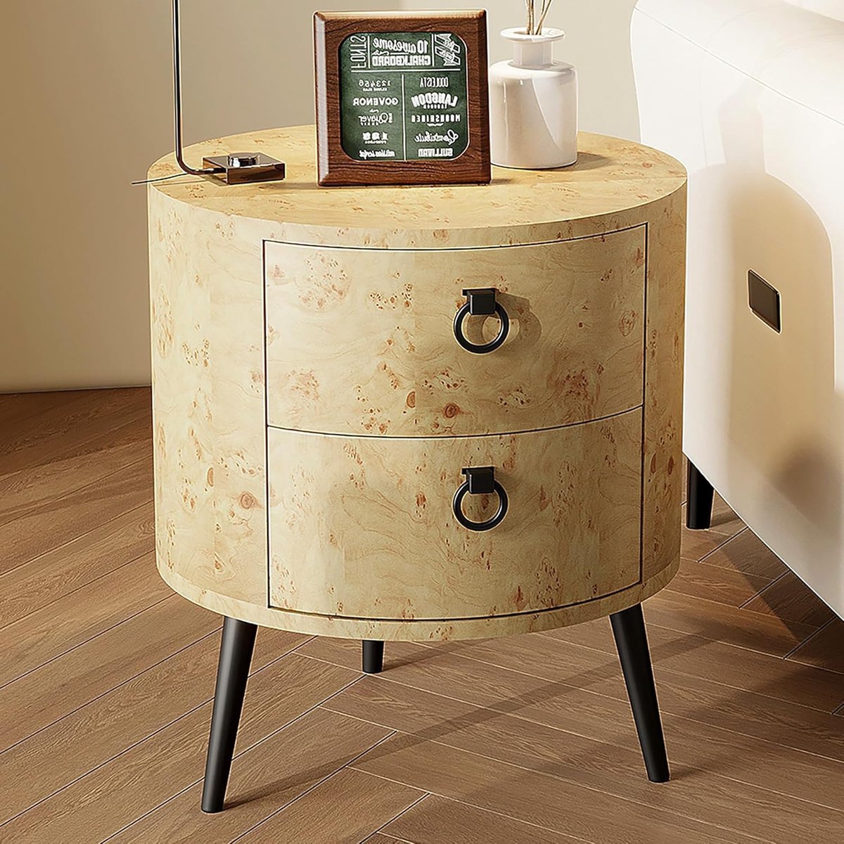 Ronde Bijzettafel & Nachtkastje - 47 cm - Met 2 Lades - Industrieel Design - Houtlook met Zwarte Metalen Poten - 55 cm Hoog