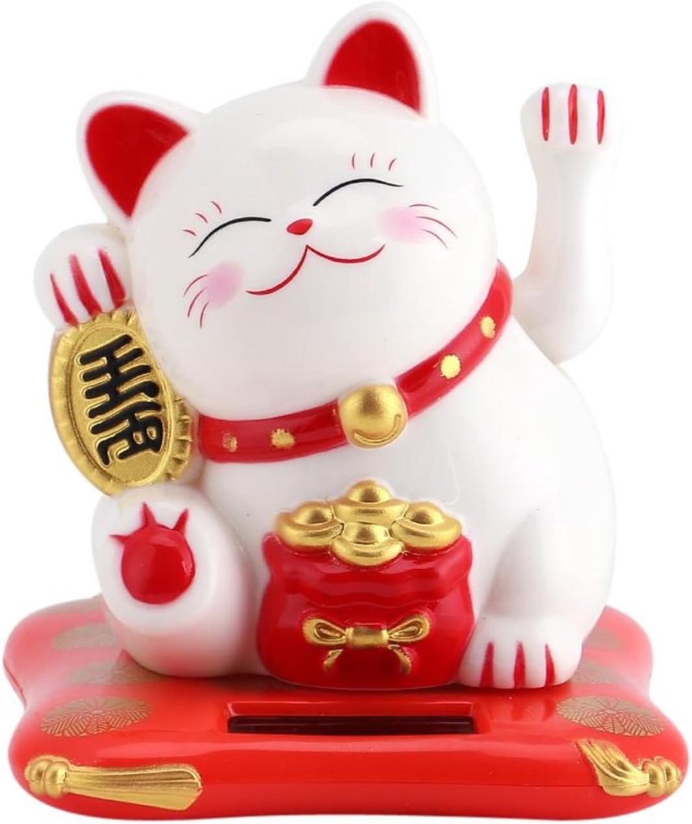 SnelShoppen - Jadeshay Maneki Neko, Zonneladende Geluks Kat, Waving Fortune Cat Ornament voor Bureau, Auto, 12 cm, Wit - Geluk & Welvaart