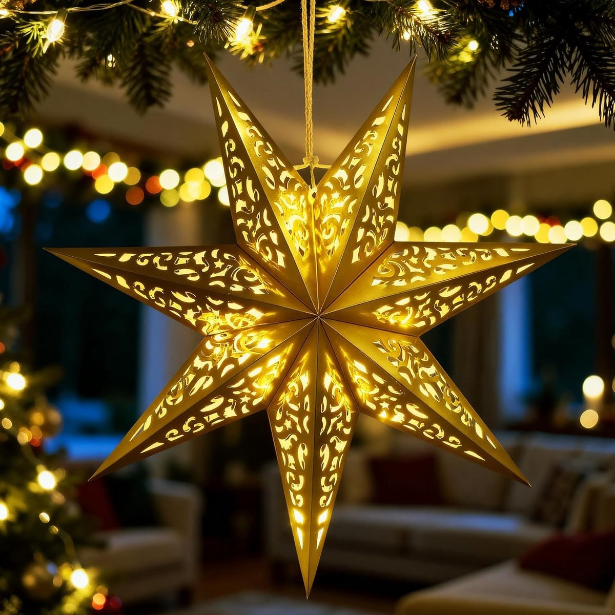 45 cm Gouden Verlichte 3D Papieren Ster voor Kerstversiering, Hangdecoratie voor Binnen met Lichten