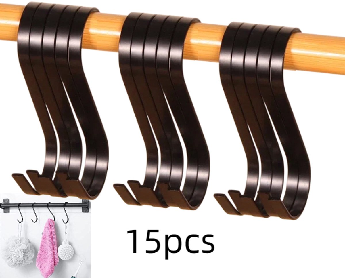 15 stuks - Platte S-haak - S-haak - Kledinghaak - Kapstokhaak - Roestvrijstalen haak - Zwart - 10 cm - Geschikt voor het ophangen van jeans, potten en pannen, planten, koffiekopjes, jassen, tassen, handdoeken