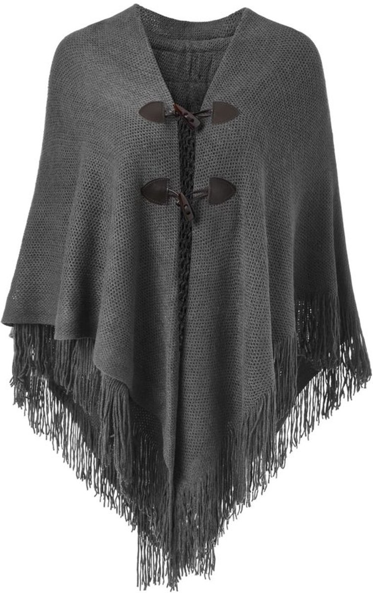 Poncho Dames Luxe - Open Voorkant - Losse Pasvorm - Omzoomde Cape/Sjaal - Zachte Franjes - Hoornsluitingen