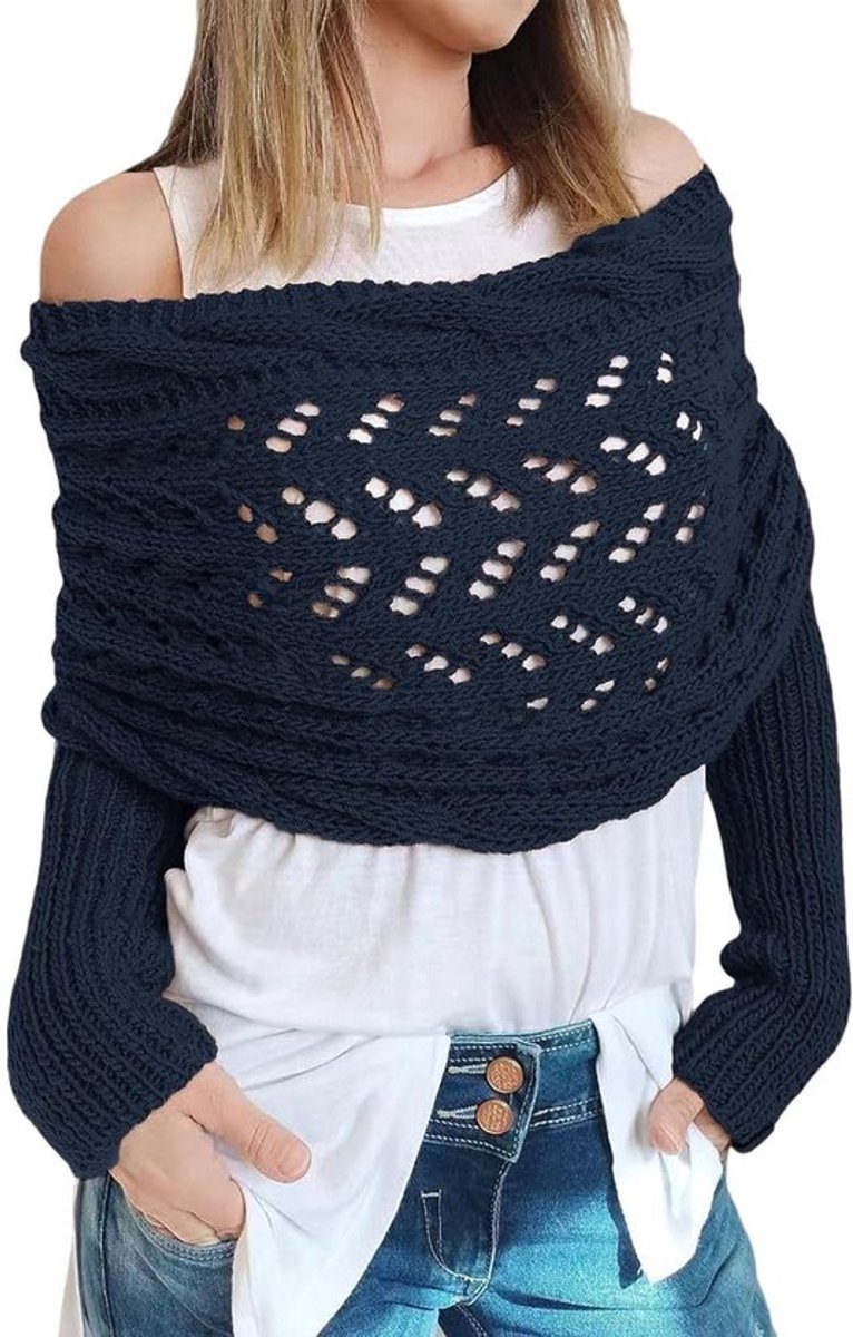 Elegante Dames Poncho voor de Winter met Mouwen - Gehaakte Off-Shoulder Cape, Warme Sjaal in Navy Blauw, Een Maat, Perfect voor Koude Dagen