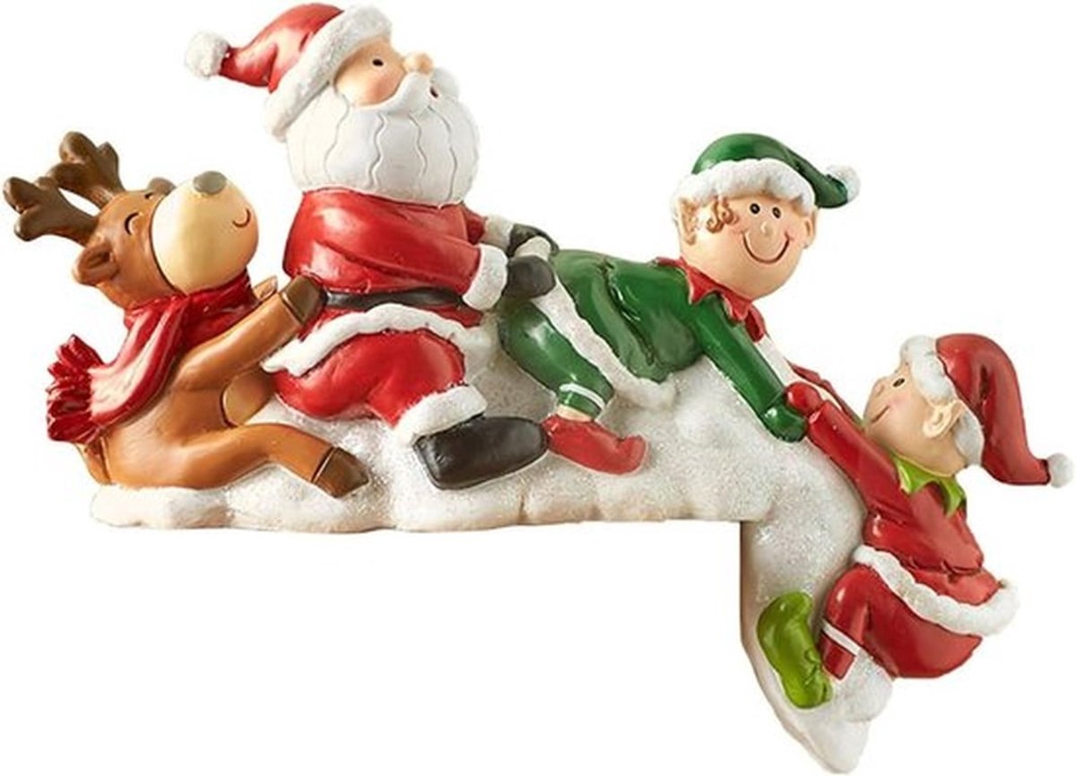 Miniatuur Kersttafel Hoekdecoratie met Zittende Santa Polarbeer en Houten Gnome Beeldjes voor Sfeer en Versiering van Tafel en Plank