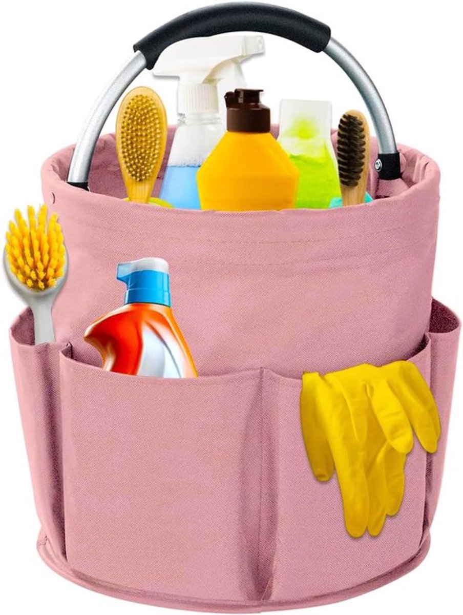 Vouwbare Waterdichte Schoonmaakmand met Handvat en 6 Compartimenten voor Tuin, Badkamer en Huishouden, Roze