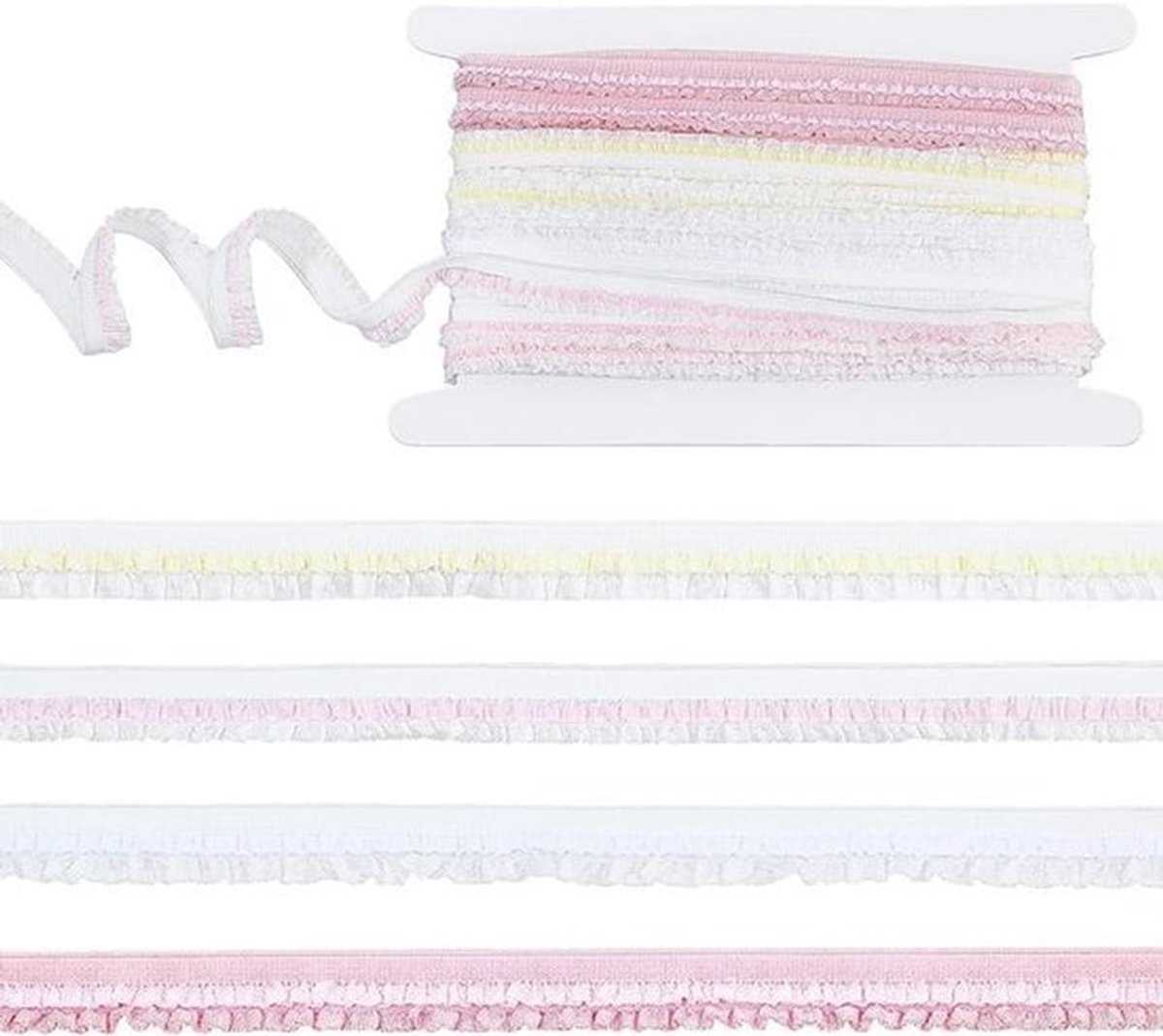 15,75 yards elastische geplooide kantband, 1,2 cm breed, smalle rimpelrand voor kledingdecoratie, naaien en creatieve projecten, verkrijgbaar in 4 kleuren