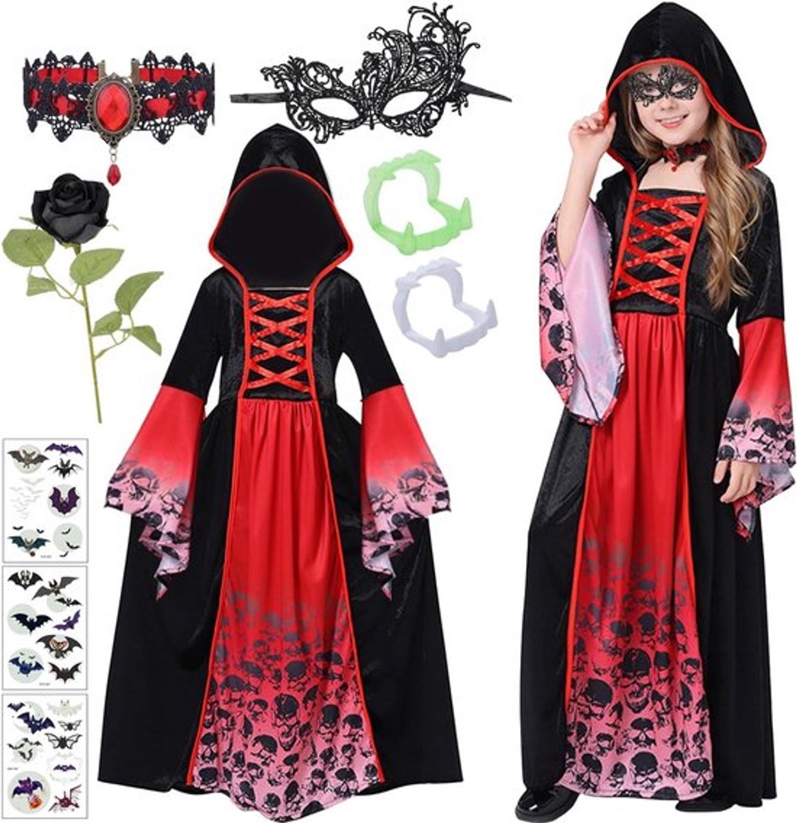 Vampier Kostuum voor Meisjes, 9-delig, Halloween Outfit voor Kinderen, Feestkleding, Cosplay, met Vampier Tanden en Robijn Ketting