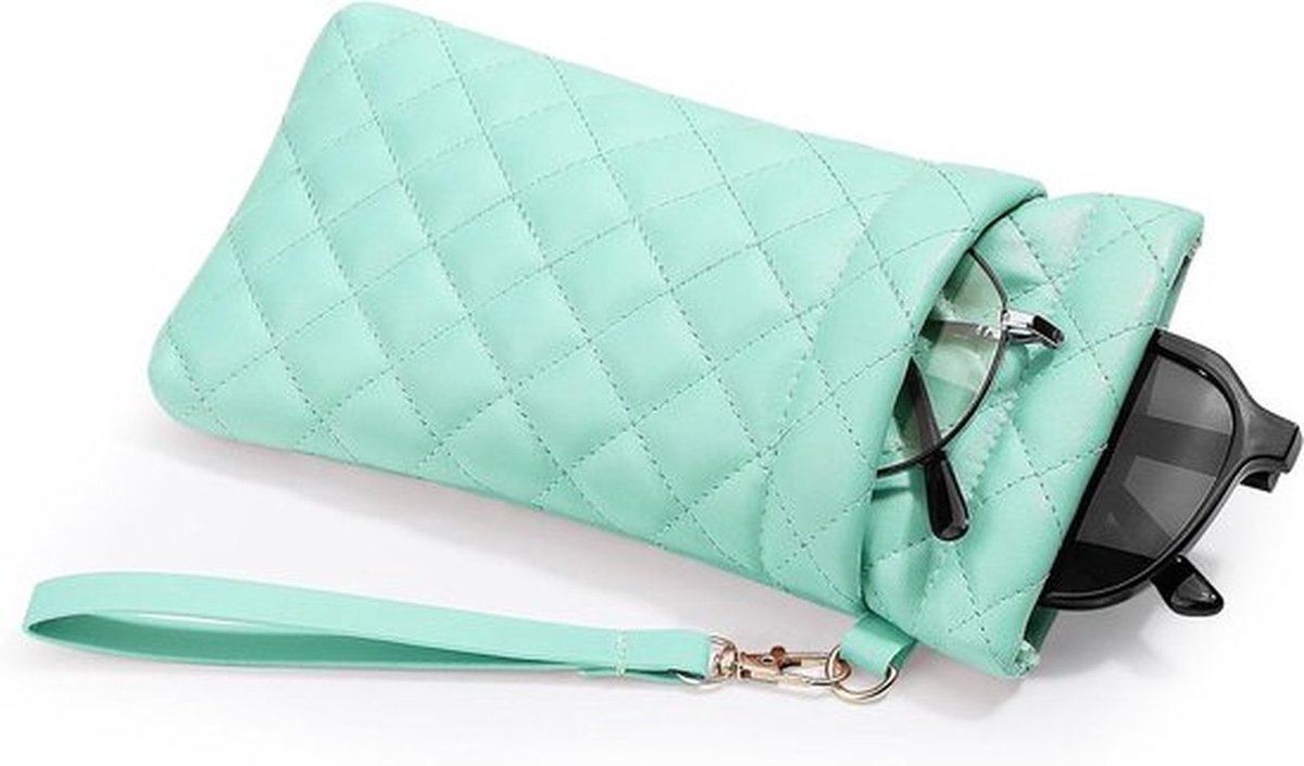 Dubbele Bril Etui met Draagriem, Zacht PU Leer, Grote Squeeze Top, Draagbare Zonnebril Case met Schoonmaakdoek voor Dames en Heren, Muntgroen, Ideaal voor Reizen en Bescherming