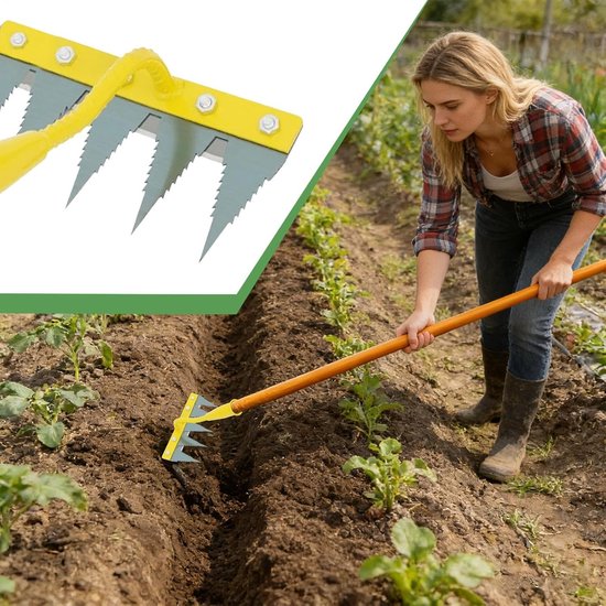 Tuinhark Onkruidsteker - Onkruidverdelger Hark - Bodem Losmaken - Gekarteld Tandontwerp - 5 Tanden - Geel — afbeelding 2
