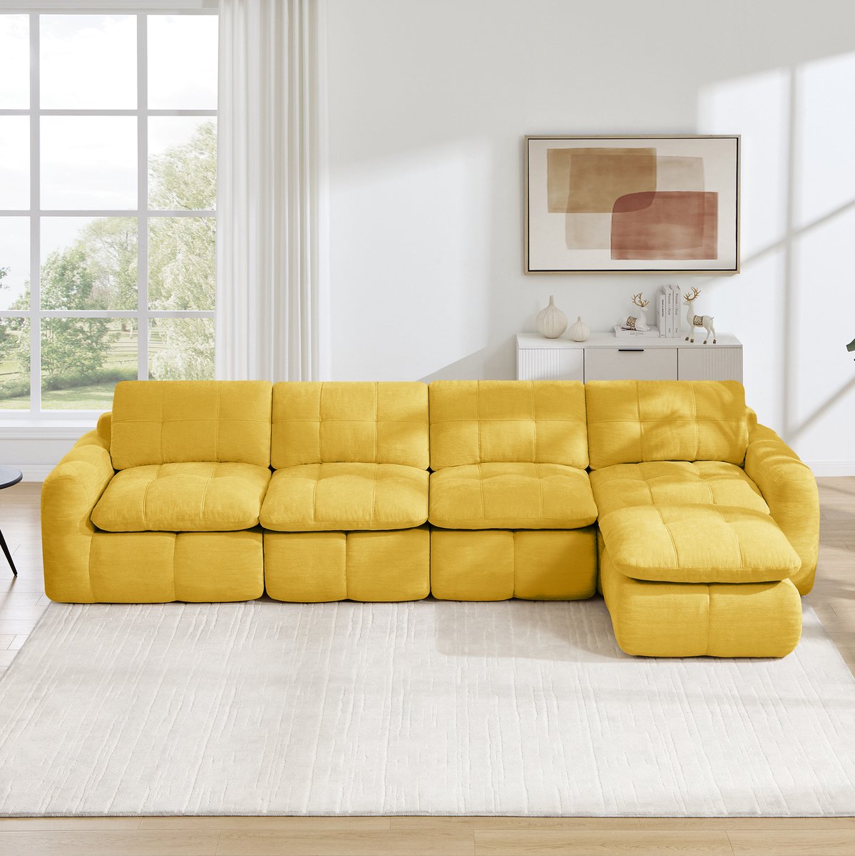 FloraGrace Hoekbank 334 x 160 x 68 Cm - 4-Zits Modulaire L-Vormige Bank Met Ottoman En Karostiksel - Woonkamer - Chenille - Geel