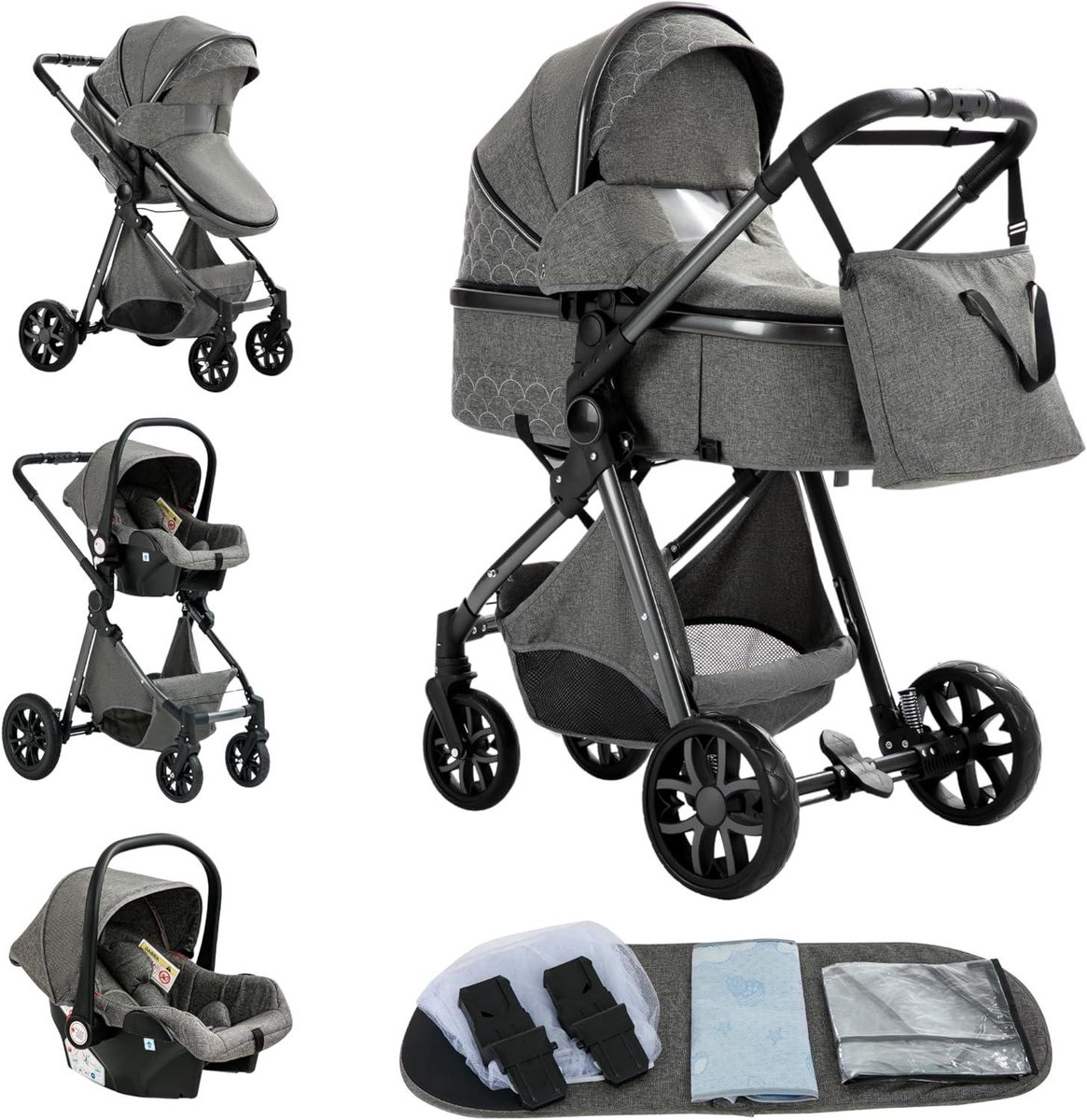 Kinderwagen 3-in-1 - Combinatie kinderwagen - Baby vervoeren - Omkeerbare zitting - 60 x 40 cm - Donkergrijs