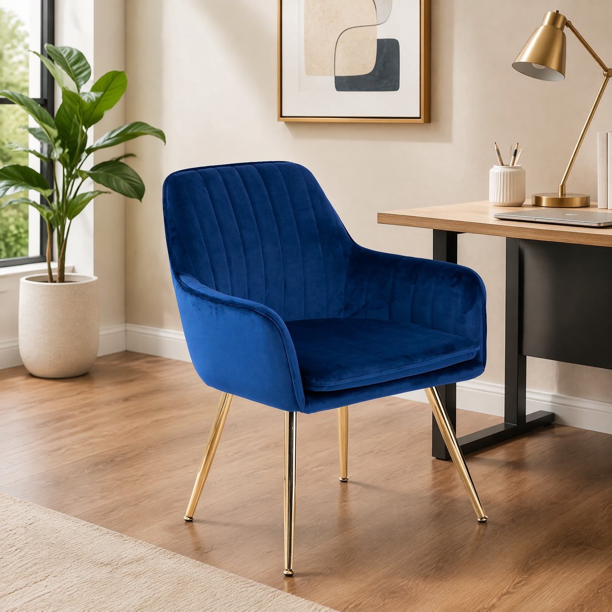 MODENUIT Eetkamerstoel Set van 2 - Armleuning - Velvet Voor Eetkamer, Keuken En Woonkamer - Metaal - Blauw