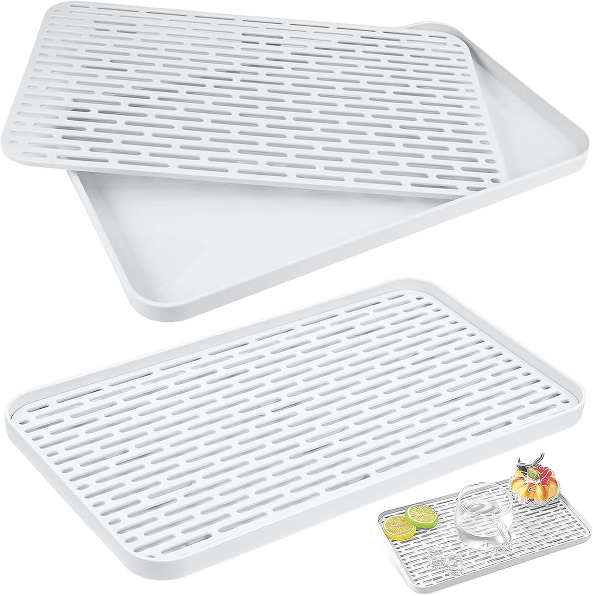 SnelShoppen - Drainerende Matten Set van 2 met Drainer Tray, 31 x 17,5 x 2,3 cm, Multifunctionele Afvoerplaat voor Bekers, Servies Rek, Thee Service S