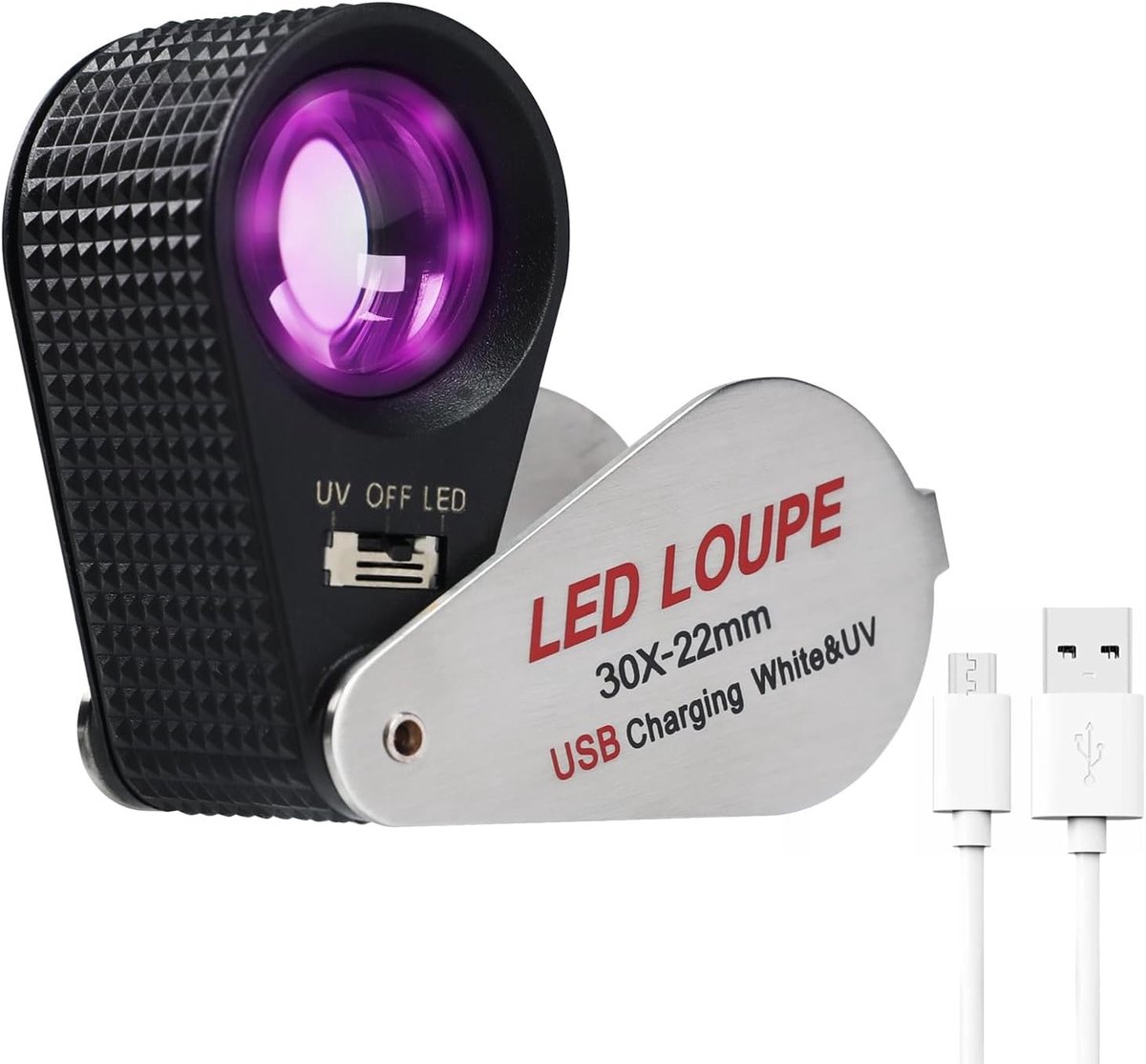 Verlichte Juweliers Loep - Zwart - 22mm - Oplaadbaar Vergrootglas met LED en UV Licht - Voor Sieraden en Edelstenen