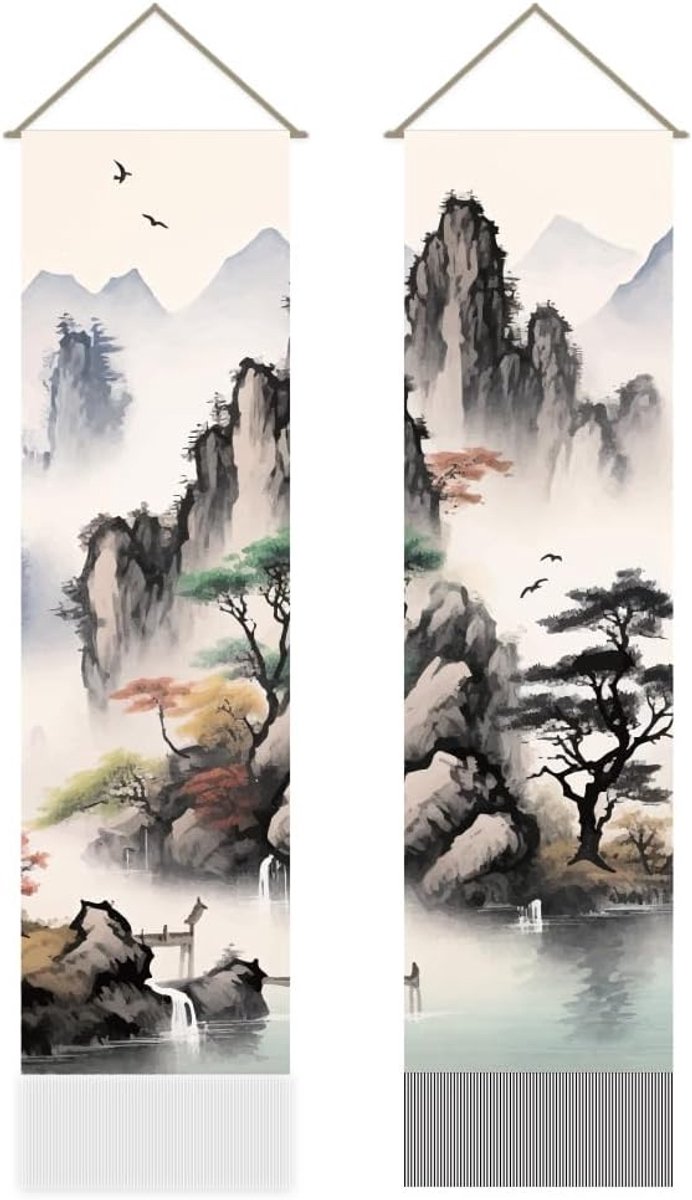 SnelShoppen - 2 Stuks Aziatische Landschap Schilderij Tapestry, Oriëntaalse Inkt Aesthetiek Berg Boom Japanse Kunst Wandtapijt met Franjes voor Slaapk