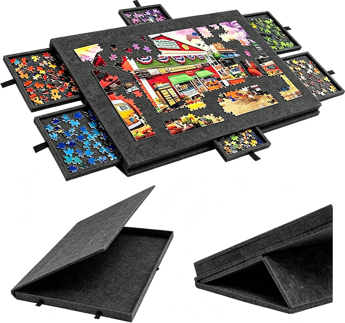 SnelShoppen - 2-in-1 Puzzelplank voor 1000 Stukjes met 6 Laden, Kantelbare en Inklapbare Puzzeltafel van Vilt met Afdekking en Standaard, Draagbare Pu