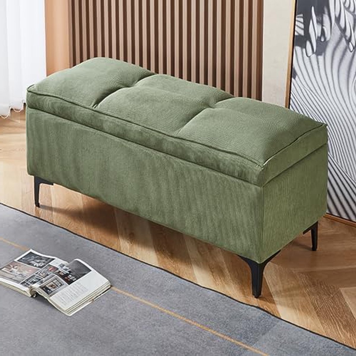Opbergbank Corduroy - Poef Bankje - Woonkamer Organiseren - Gedetailleerd Geknoopt - 40x40x45cm - Groen