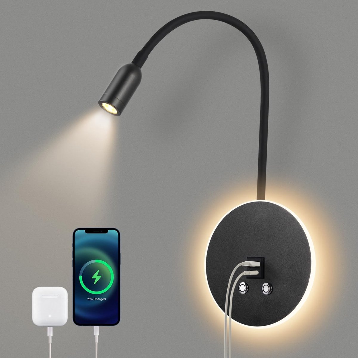 Leeslamp Wand - Zwart - LED Lamp met Dimbare Touchschakelaar en USB Oplaadfunctie - Voor Slaapkamer en Woonkamer