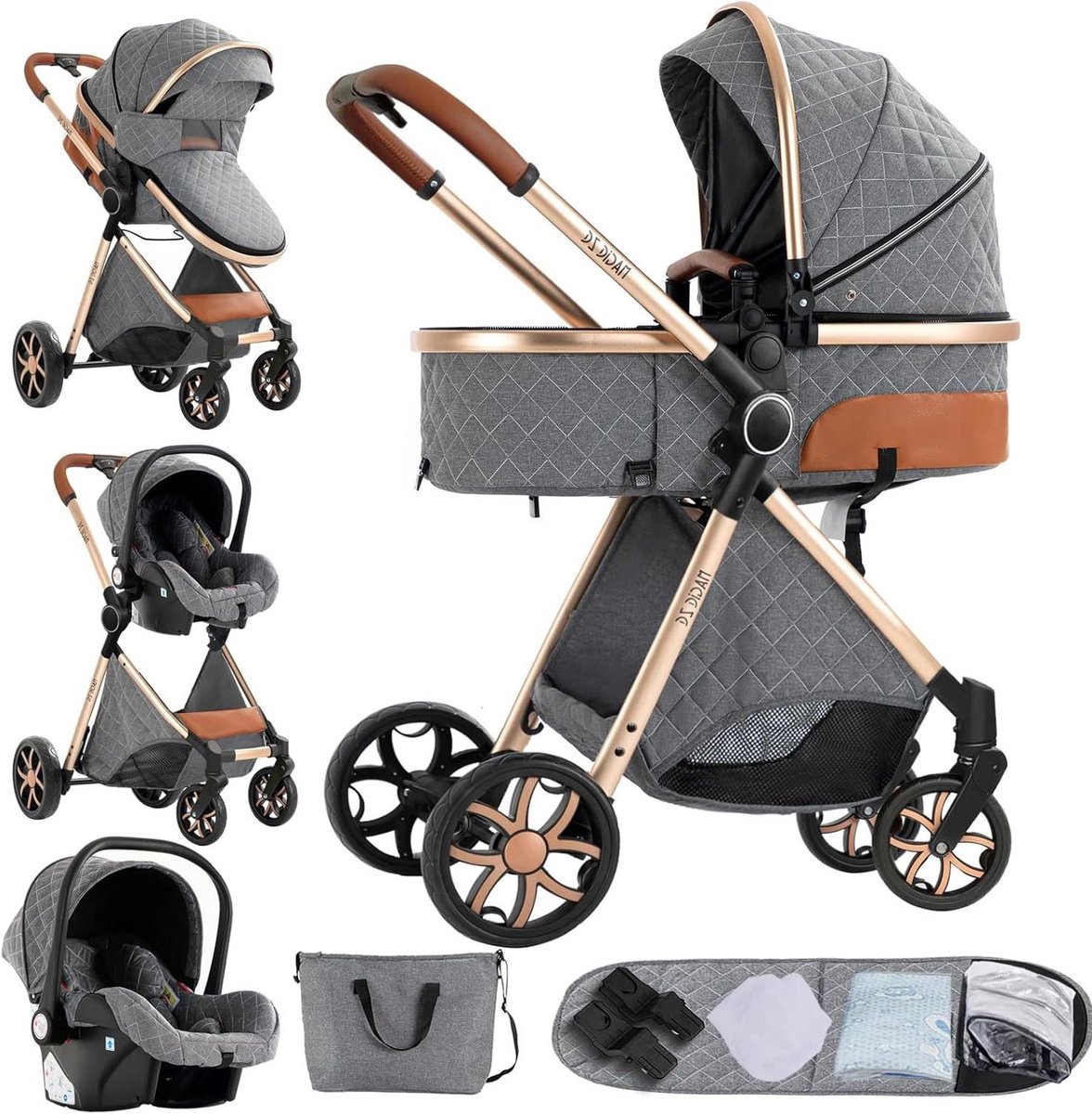 3-in-1 Kinderwagen - Reiswieg Set - Baby Vervoer - Omkeerbaar Dubbelzijdig - 82 x 61 x 105 cm - Grijs