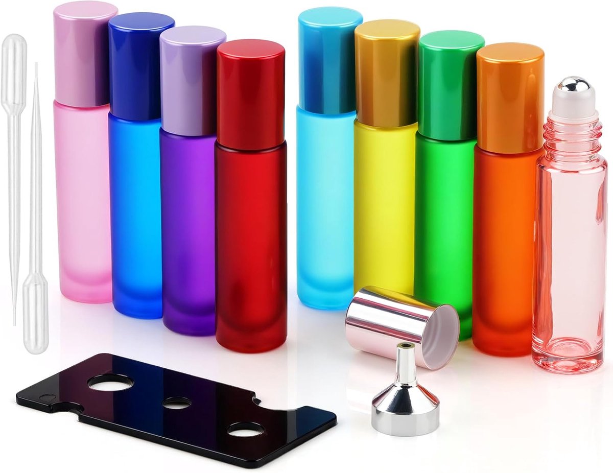 SnelShoppen - 9 Stuks 10ml Roll-on Flesjes voor Essentiële Olie - Lege Aroma Rollerflessen met RVS Rollerbol - Ideaal voor Parfum en Geuren - Kleuren: