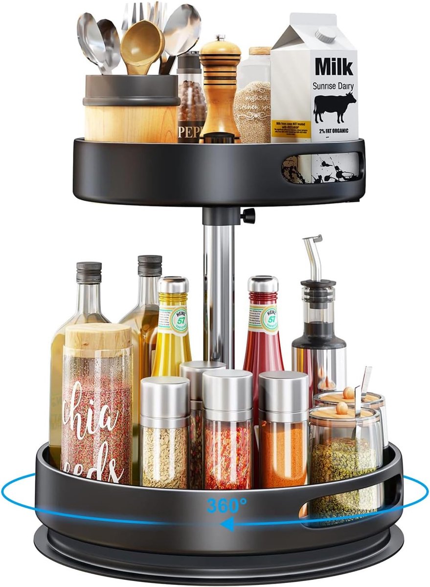SnelShoppen - Lazy Susan Organiser 2/3 Laags 360° Draaiend Kruidrek Carbon Staal, Specerijenhouder, Hoogte Verstelbaar, Staande Plank voor Keuken, Taf