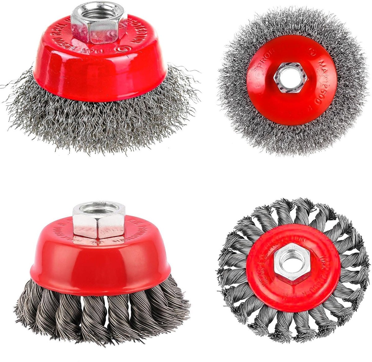 Set van 4 Haakse Slijper Draadborstelset - Rood - 75/100 mm - Stalen Borstels met M14 Schroefdraad - Voor Tuin en Onkruidverwijdering