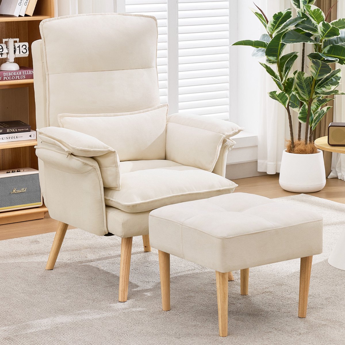 MODENUIT Relaxfauteuil - 1-Zits Met Hocker - Verstelbare Rugleuning - Woonkamer En Leeshoek - Stof - Beige