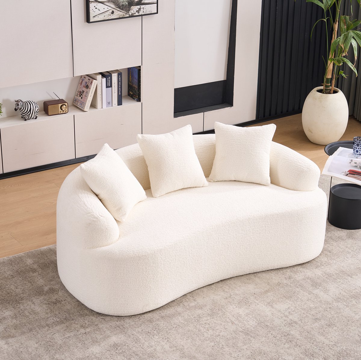 MIVRAY Bank 2-Zits - Compact Gebogen Design Met 3 Sierkussens - Voor Woonkamer En Appartement - Chenille - Offwhite