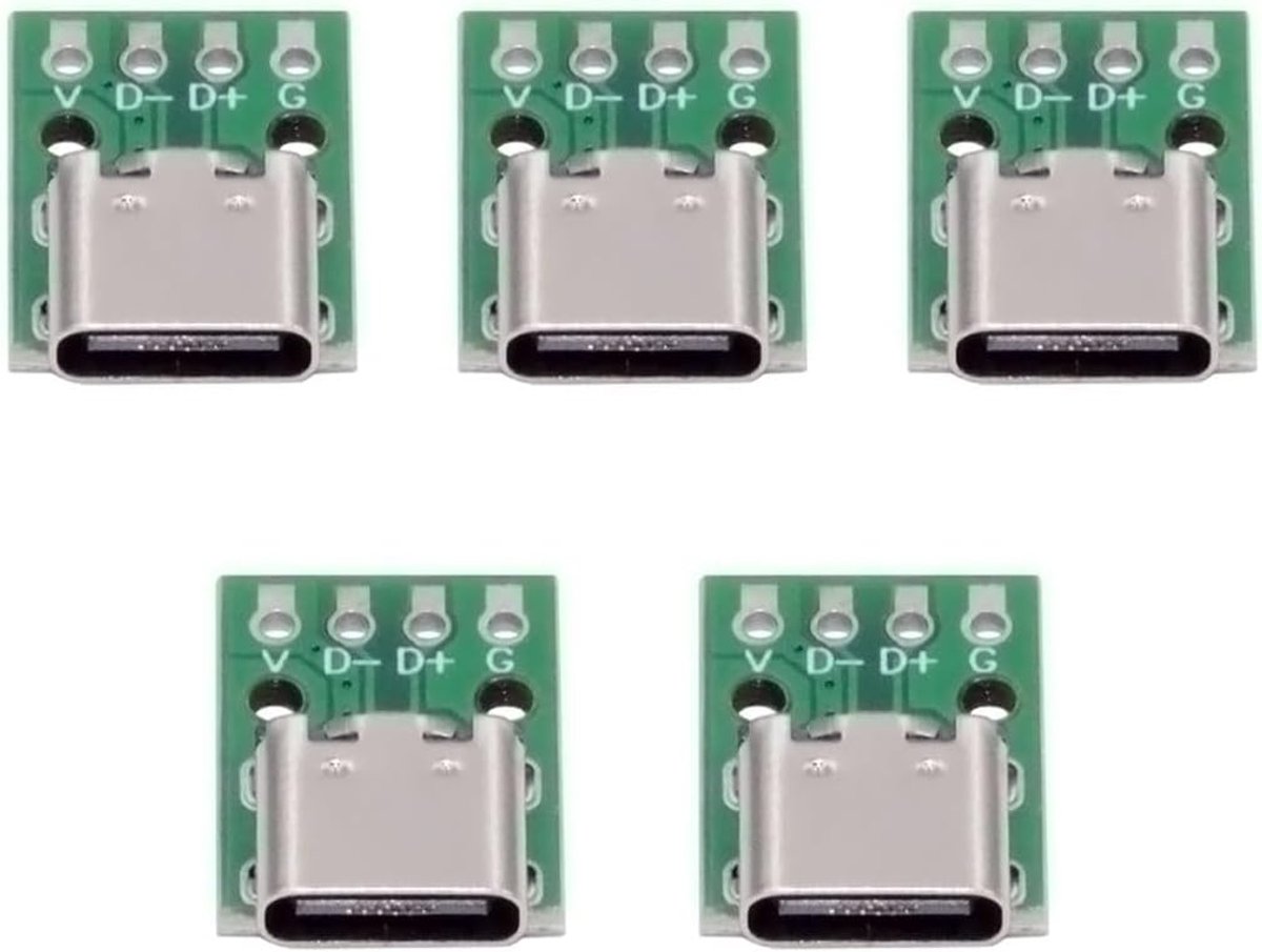 SnelShoppen - 5 Pack USB C DIY Connector, 2.54mm USB 2.0 Type C 4Pin Vrouwelijke Socket Poort Reparatie Vervanging Solder Adapter, 480Mbps Gegevensove
