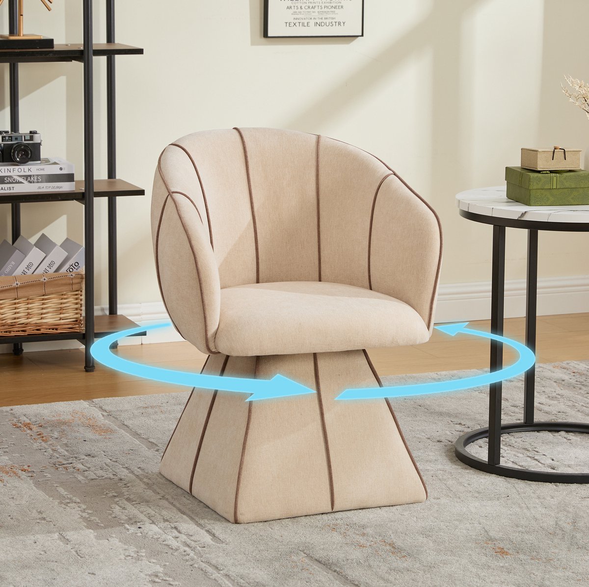 MODENUIT Fauteuil - Draaibare Chenille Fauteuil - Hoge Rugleuning - Voor Woonkamer En Slaapkamer - Camel