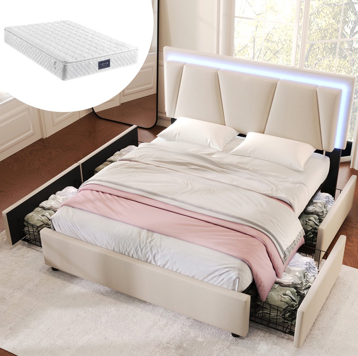 REDOM Bed - Stauraumbed met LED-verlichting en 4 lades - Hoogteverstelbaar hoofdeinde - Met lattenbodem - Stof en metaal - Beige - 169 x 207 x 102-112 cm
