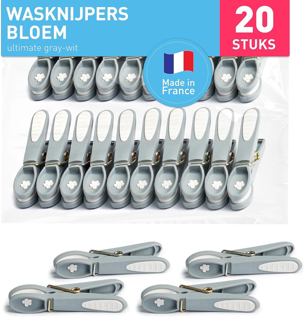 SnelShoppen - Extra Sterke Wasknijpers Bloem, 20 Stuks, Ultimate Grey | UV- en Weerbestendig, Soft Grip, Geschikt voor Binnen en Buiten, Ideaal voor S