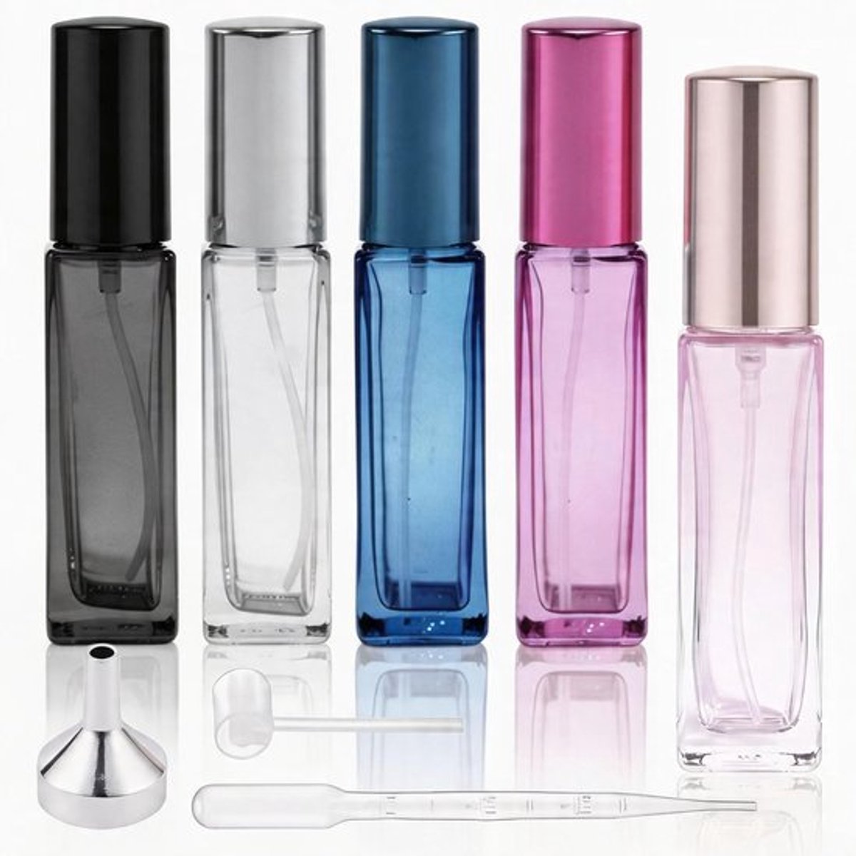 Vijf Stuks 10ml Refillable Travel Parfum Atomizers - Draagbare Mini Flesjes voor Aftershave, Levenslange Leaks en Handige Trechter voor Vrouwen en Mannen