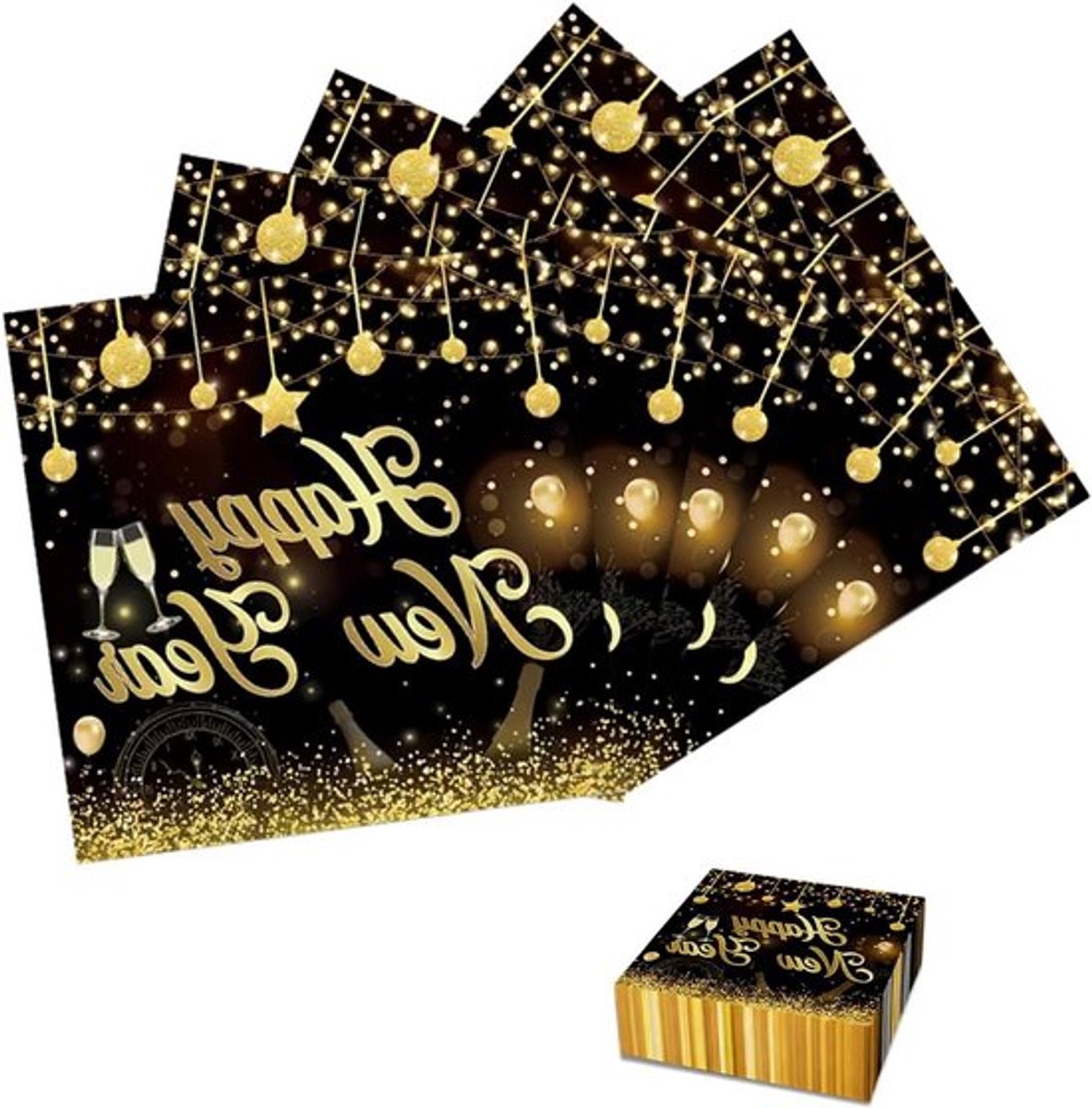 Feestelijke Servetten voor Oud en Nieuw - 40 Stuks Papieren Servetten in Zwart en Goud voor Tafelversiering, Feestdecoratie en Luxe Diner Decor