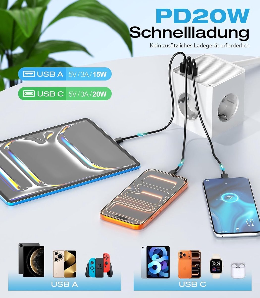 Stekkerdoos met USB-C - Wit - 1,5 meter - Meervoudig Stopcontact met Platte Stekker en Magneetpad - Voor Kantoor en Thuis
